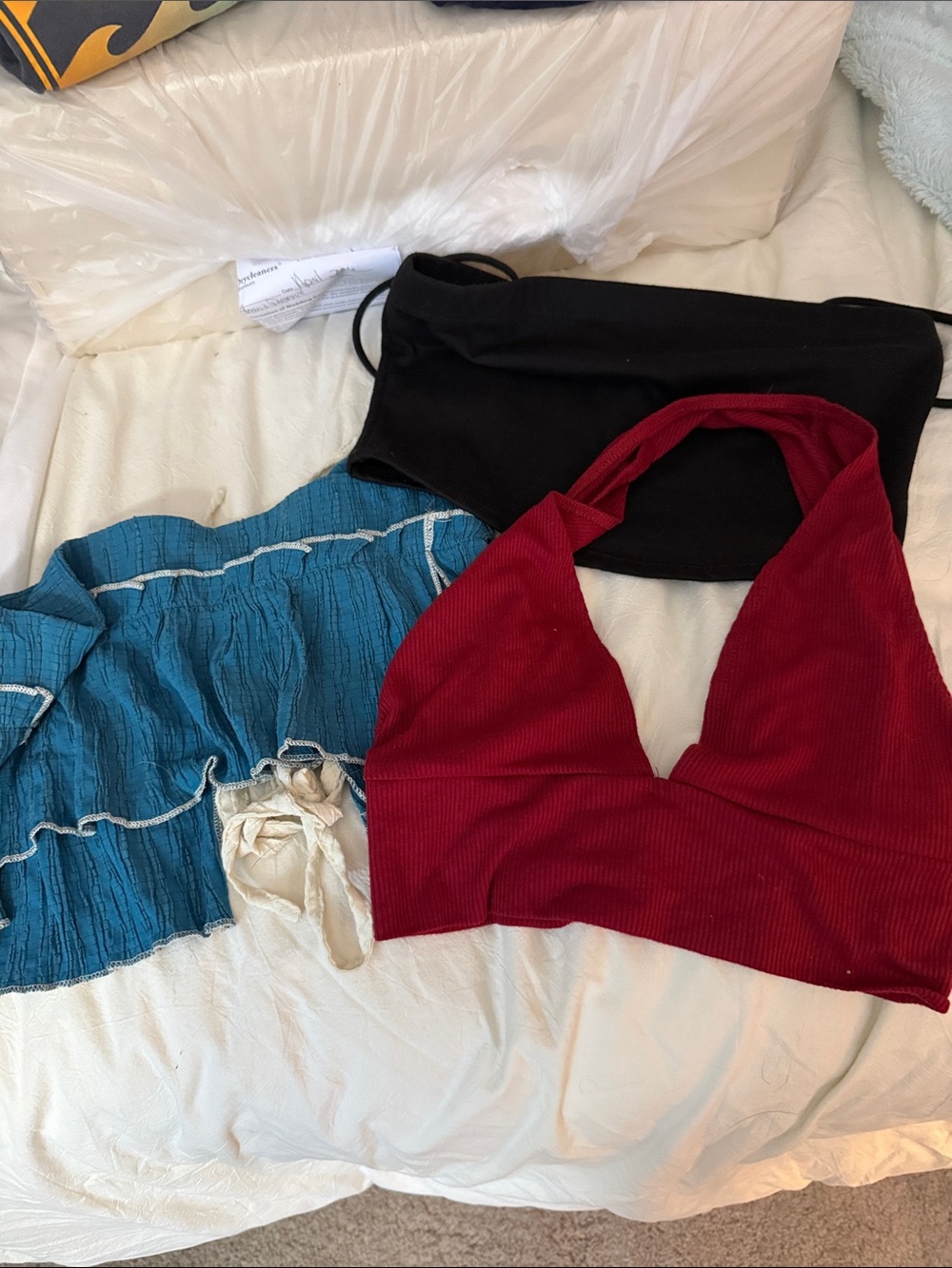 SHEIN Red Halter, Black Tube & Blue Ruffled Bandeau Trio